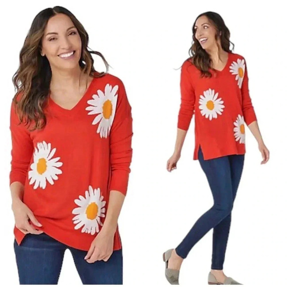 LAURIE FELT | “As Is” Cashmere Blend Daisy Print V-Neck Orange Sweater Size XL - Picture 2 of 9